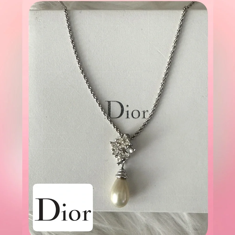 CHRISTIAN DIOR Pearl Rhinestone Silver Tone Necklace - Picture 1 of 7